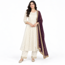 Women’s Ivory Sequined Kurta & Trousers Set with Plum Dupatta – 3 Pieces 140056