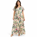 Women’s Cream Tropical Print Flutter-Sleeve Maxi Dress YD125