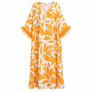 Women’s Orange Leaf-Print Maxi Kaftan with Feather-Trim Sleeves S4953