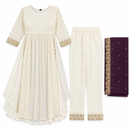 Women’s Ivory Sequined Kurta & Trousers Set with Plum Dupatta – 3 Pieces 140056