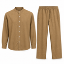 Women’s Khaki Brown Striped Mandarin-Collar Shirt & Trouser Set YD55