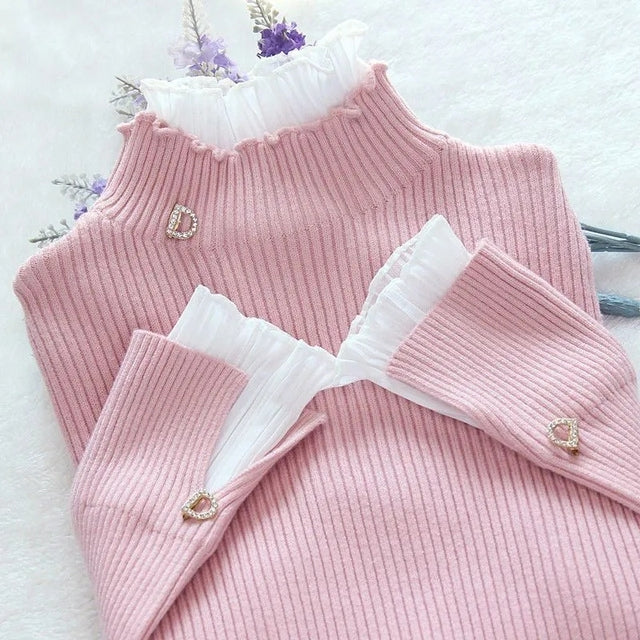 Korean Patchwork Warm Sweater Women Elegant Long Sleeve Slim Turtleneck Knitted Pink Tops Chic Ruffle Pullover Fake 2 Pieces X4436288 Korean Patchwork Warm Sweater Women Elegant Long Sleeve Slim Turtleneck Knitted Pink Tops Chic Ruffle Pullover Fake 2 Pieces X4436288