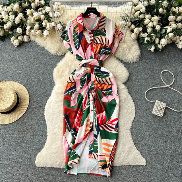 American Retro Lapel Dresses Light Mature Style Single Breasted Printed Dress Pleated Slim Temperament Long Clothes S4575849 American Retro Lapel Dresses Light Mature Style Single Breasted Printed Dress Pleated Slim Temperament Long Clothes S4575849