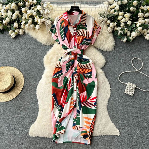 American Retro Lapel Dresses Light Mature Style Single Breasted Printe