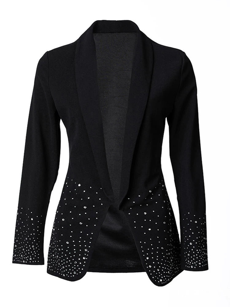 Women's Clothing New Suit Jackets Hot Drill Rhinestone Decor Shawl Collar Long Sleeve Slim Blazer Autumn Fashion B-28146