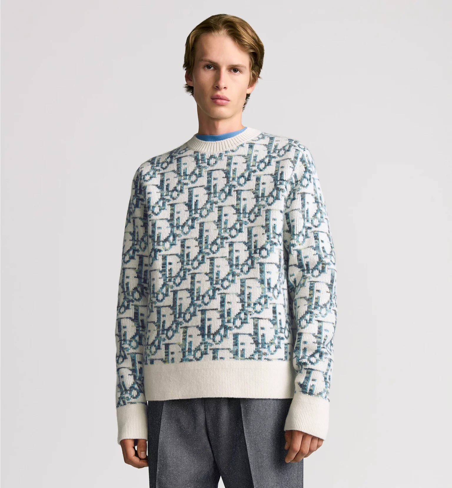 White and Blue Wool Jacquard Sweater M9680 White and Blue Wool Jacquard Sweater M9680