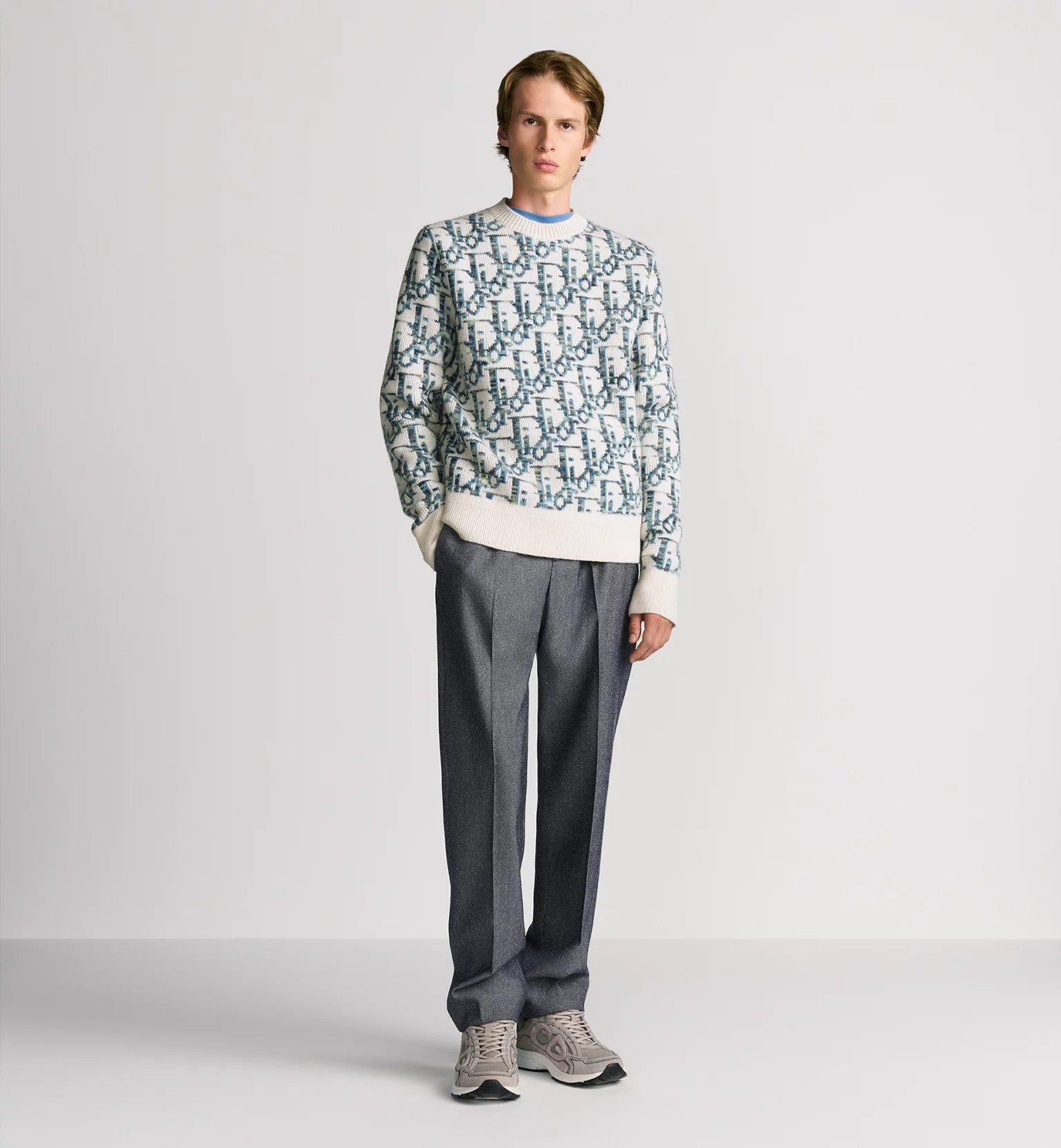 White and Blue Wool Jacquard Sweater M9680 White and Blue Wool Jacquard Sweater M9680
