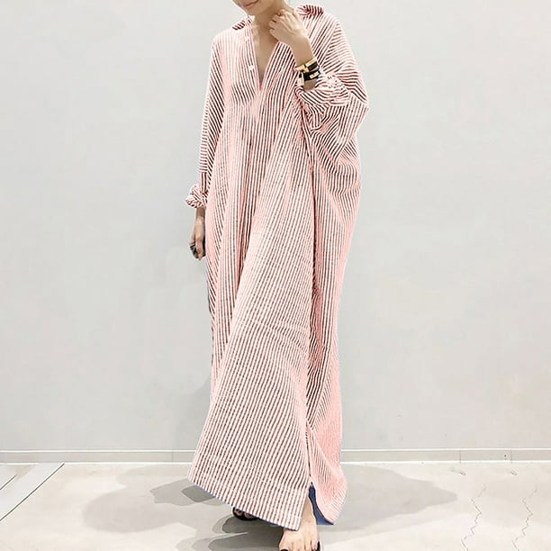 Women's Cotton Maxi Long Sleeve Button Down Loose Striped Kaftan Dress 39688 Women's Cotton Maxi Long Sleeve Button Down Loose Striped Kaftan Dress 39688