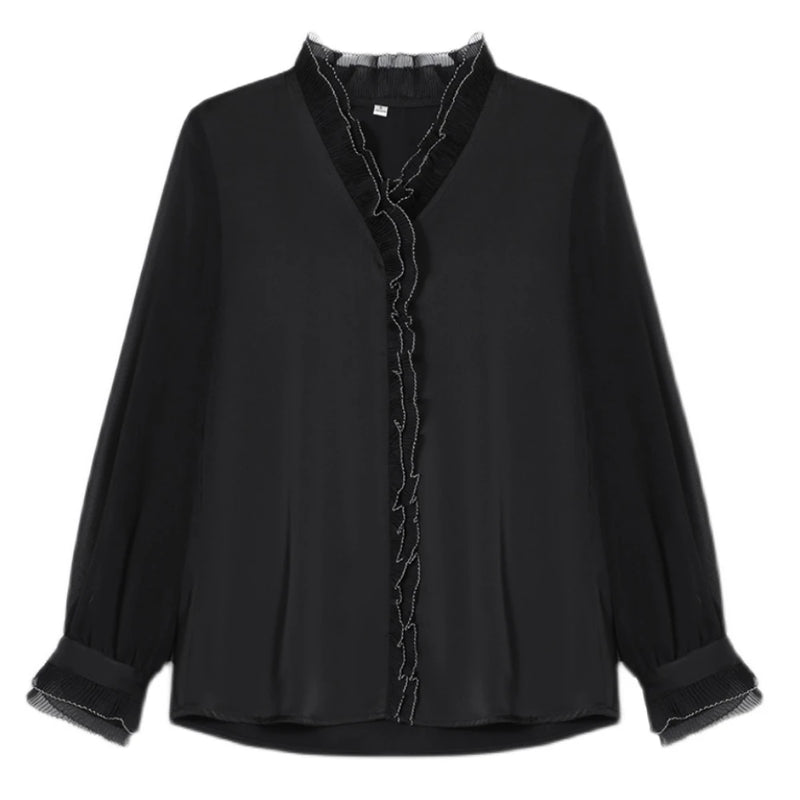 Long Sleeve Black Blouses Women New Fashion Elegant Fungus Edge Stitching Bottoming Shirts Office Lady Casual Tops Blusas Mujer X4527965 - Tuzzut.com Qatar Online Shopping