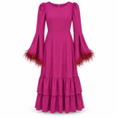 Women’s Magenta Feather-Trim Bell-Sleeve Maxi Dress 502H2H