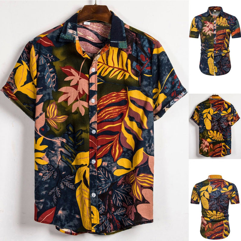 Mens Ethnic Short Sleeve Casual Cotton Linen Printing Hawaiian Shirt BlouseMen's fashion latest short-sleeved shirt S1904677