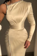 White Beaded Evening Dresses Satin Mermaid One-Shoulder Side Slit Floor-Length Elegant Party Dresses For Women 070544704 - Tuzzut.com Qatar Online Shopping