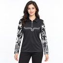 Black Quarter-Zip Collared Top with Geometric Print Sleeves YD57