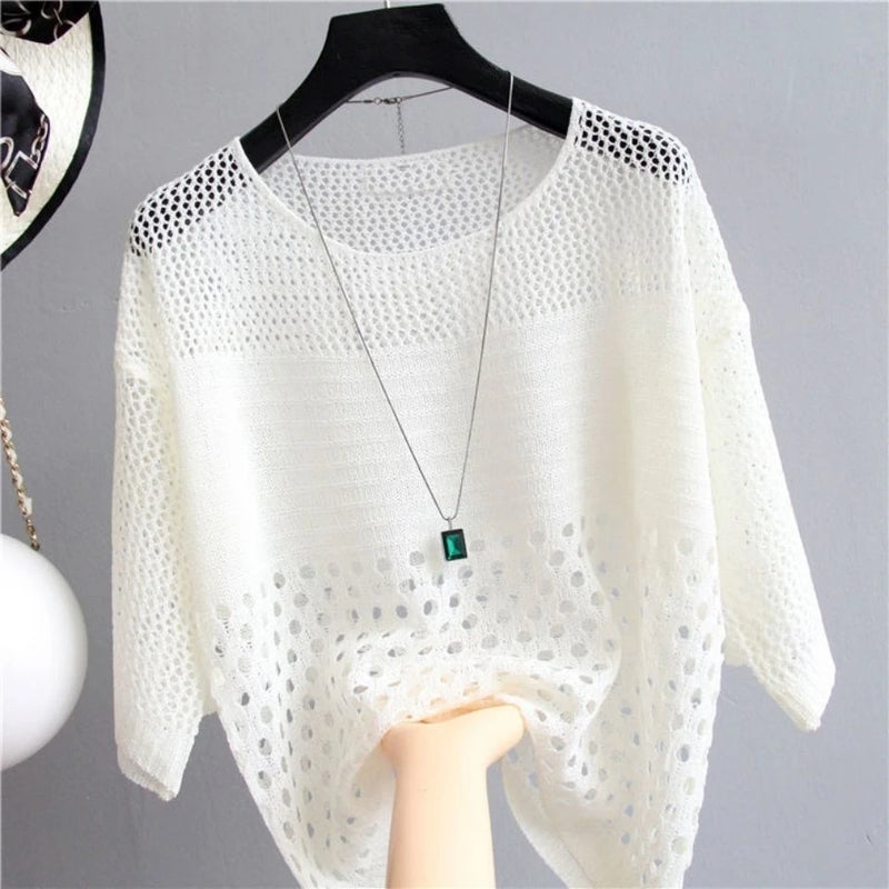 New High-quality Soft O-neck Hollow Cut Solid Color Spring Summer Slim Half Sleeve Sweater Thin Pullover Loose Blouse Women Tops X4011248