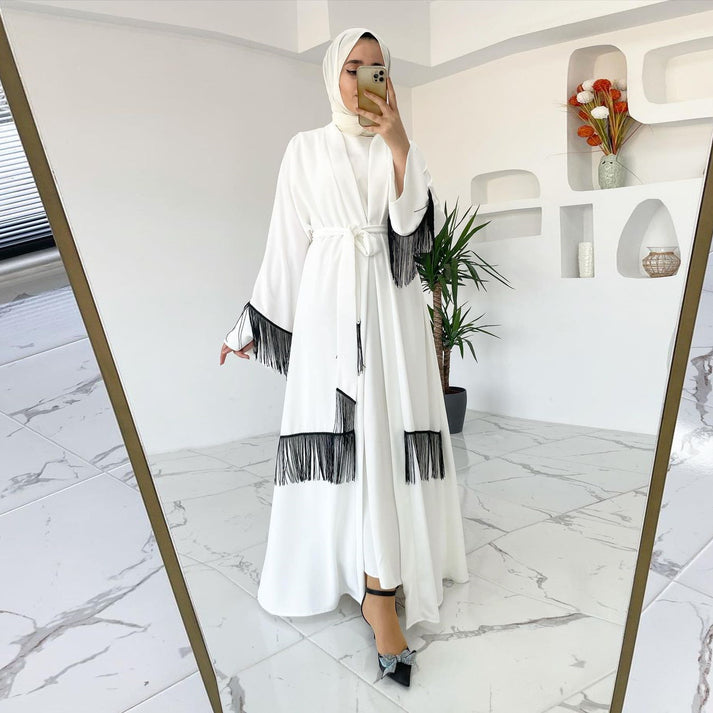 Women's Tassel Fashion White Abaya 508279 - TUZZUT Qatar Online Shopping