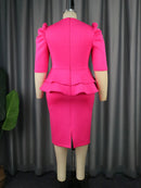Fuchsia Dresses for Ladies V Neck Puff Half Sleeve Empire Peplum Ruffles Midi Office Work Evening Party Outfits S3960241 - Tuzzut.com Qatar Online Shopping