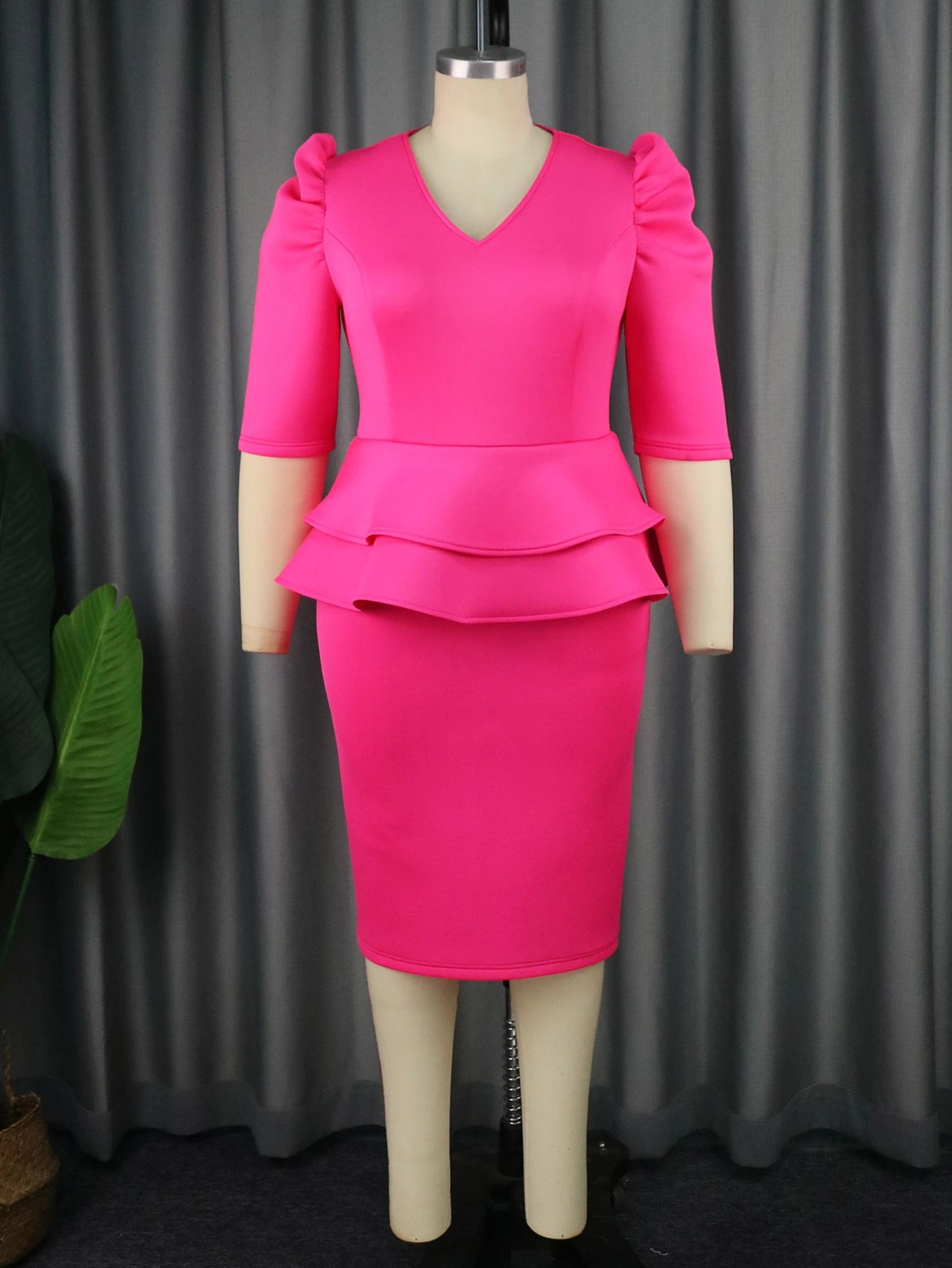 Fuchsia Dresses for Ladies V Neck Puff Half Sleeve Empire Peplum Ruffles Midi Office Work Evening Party Outfits S3960241 Fuchsia Dresses for Ladies V Neck Puff Half Sleeve Empire Peplum Ruffles Midi Office Work Evening Party Outfits S3960241