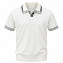 Men's White Knitted Short Sleeve Polo T-Shirt with Grey Striped Collar and Cuffs SQ007