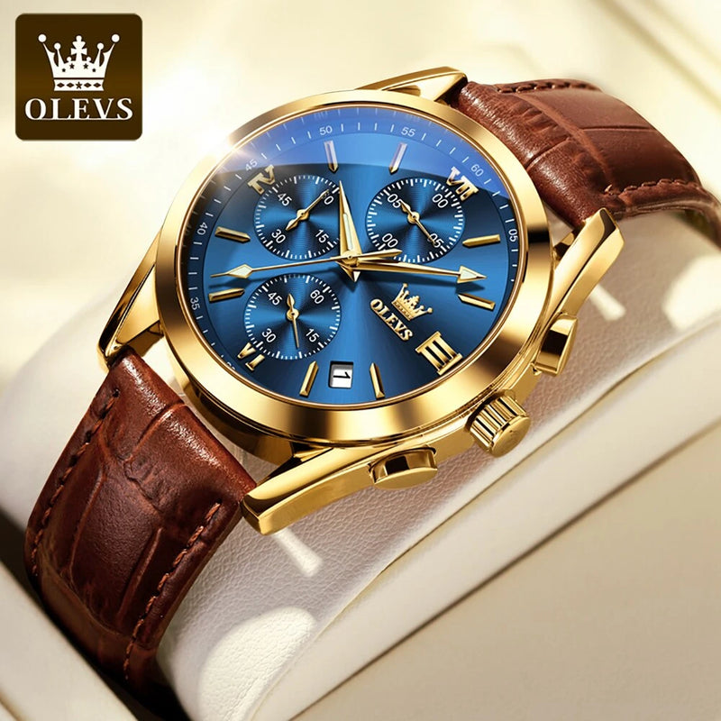 Olevs Brand Men Watch Fashion Timing Multifunctional Date Luxury Quartz Waterproof Luminous Leather Strap S4565075