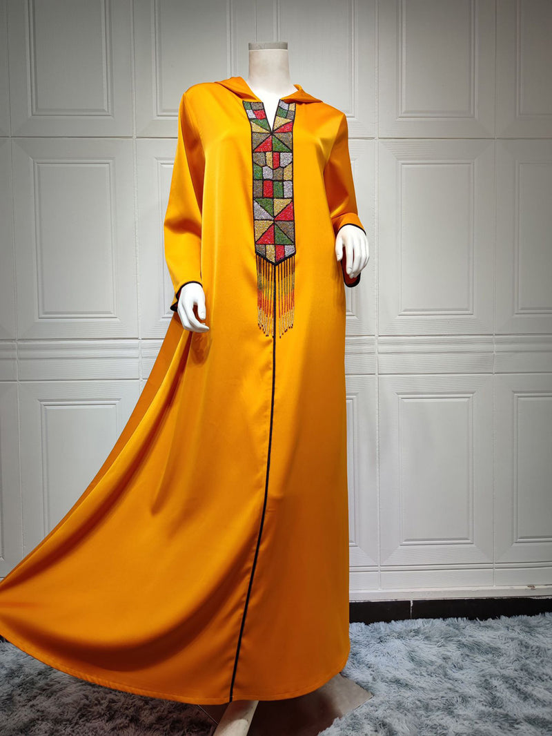 Orange Hooded Dubai Moroccan Luxury Caftan Hat Muslim Fashion Evening Dresses Turkey Woman Plus Size Saudi Abaya Beading Tunic S3820860