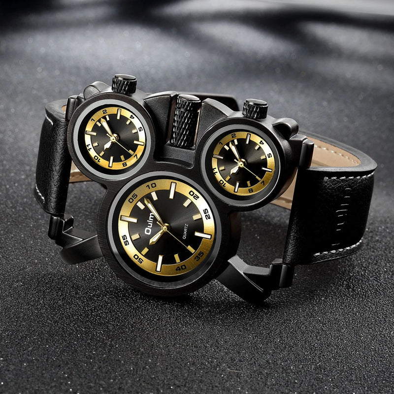Oulm Luxury Mens Watch 3 Time Zone Multifunction Quartz Watch Steam Punk Clock Fashion Leather Strap Luminous Watch Reloj Hombre S4589383