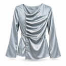 Women’s Silver-Grey Draped Cowl-Neck Blouse with Waist Tie C318
