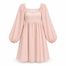 Blush Pink Textured Chevron Square-Neck Dress with Long Puff Sleeves NS20