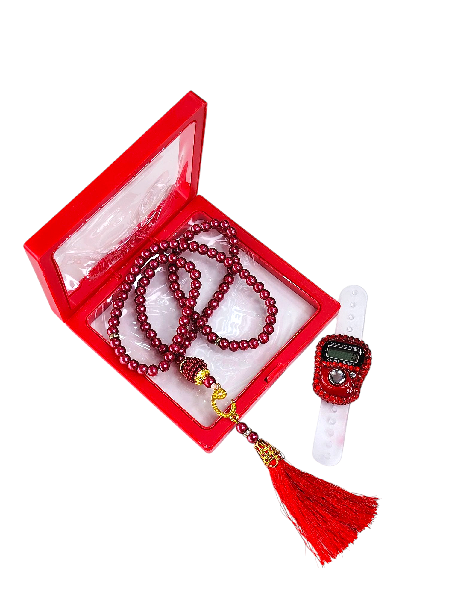 2 Pcs Ramadan Eid Gift Set - Prayer Beads + Digital Tasbih Counter - Red 2 Pcs Ramadan Eid Gift Set - Prayer Beads + Digital Tasbih Counter - Red