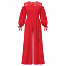 Women’s Red Lace-Yoke Cold-Shoulder Wide-Leg Jumpsuit S44937