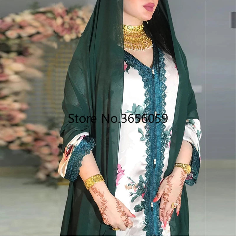 Rose Printed Dubai Abaya Jalabiya Women Braid Trim Crochet Lace Long Sleeve Muslim Ethnic Maxi Dress Arab Kuwait Islamic Clothes S2707359