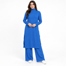 Royal Blue Ribbed High-Neck Tunic and Wide-Leg Trousers Set 8100