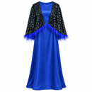 Women’s Royal Blue Maxi Dress with Sequin Cape & Feather Trim 50LJSJ