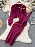 Women's Elegant Pearl O-neck Knitted Pearl Sweater + Knitted Camis Dress Set Two Piece Suit - WS1003 - Tuzzut.com Qatar Online Shopping