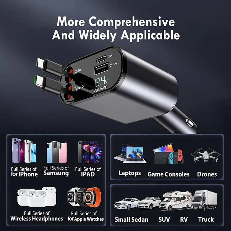 4 in 1 Retractable Fast Car Phone Charger 120W (Type-C, iOS, USB-C & USB interface) 4 in 1 Retractable Fast Car Phone Charger 120W (Type-C, iOS, USB-C & USB interface)