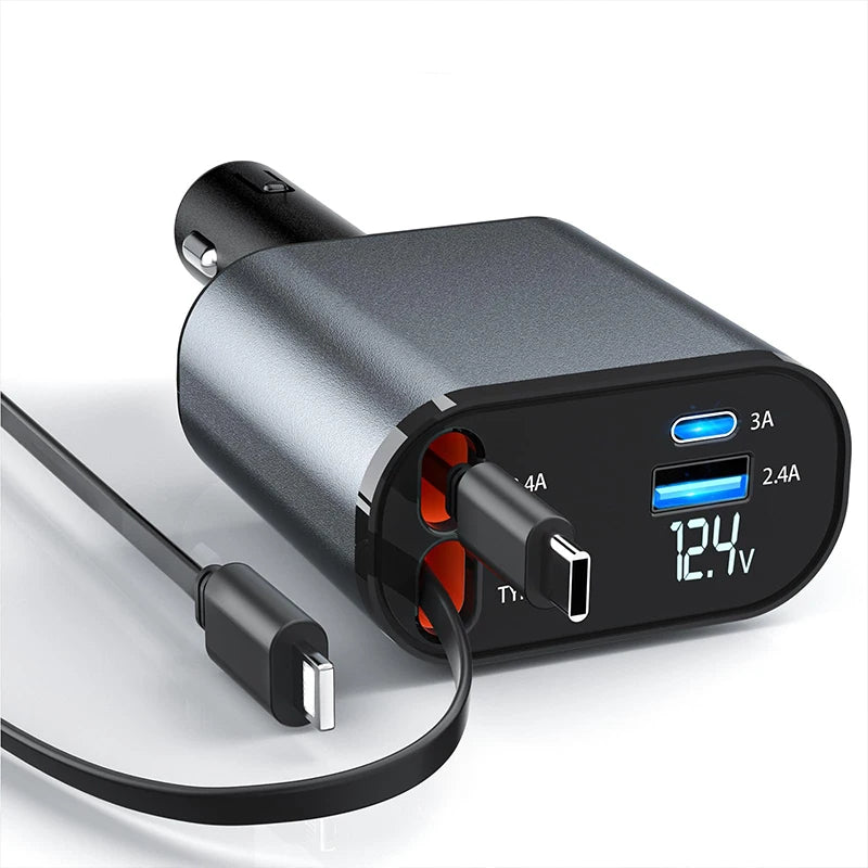 4 in 1 Retractable Fast Car Phone Charger 120W (Type-C, iOS, USB-C & USB interface) 4 in 1 Retractable Fast Car Phone Charger 120W (Type-C, iOS, USB-C & USB interface)