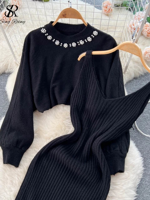 Women's Elegant Pearl O-neck Knitted Pearl Sweater + Knitted Camis Dress Set Two Piece Suit - WS1003