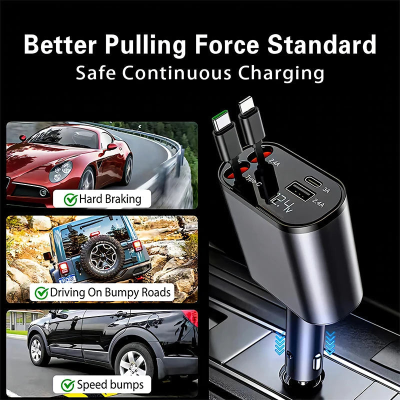 4 in 1 Retractable Fast Car Phone Charger 120W (Type-C, iOS, USB-C & USB interface) 4 in 1 Retractable Fast Car Phone Charger 120W (Type-C, iOS, USB-C & USB interface)