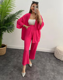 Solid Color Cotton Linen Loose Casual 2 Pcs Cardigan Top And Pants Set TS42 - Tuzzut.com Qatar Online Shopping