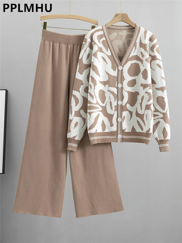 Women Winter Knit Button Cardigan And Wide-Leg Pants Set 72785 Women Winter Knit Button Cardigan And Wide-Leg Pants Set 72785