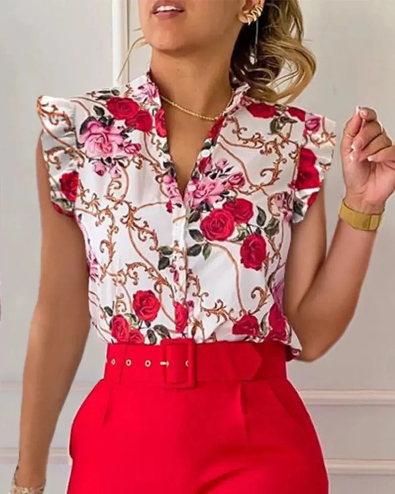 Women's New Printed Lotus Leaf Sleeveless Shirt Suit 42663 L Women's New Printed Lotus Leaf Sleeveless Shirt Suit 42663 L