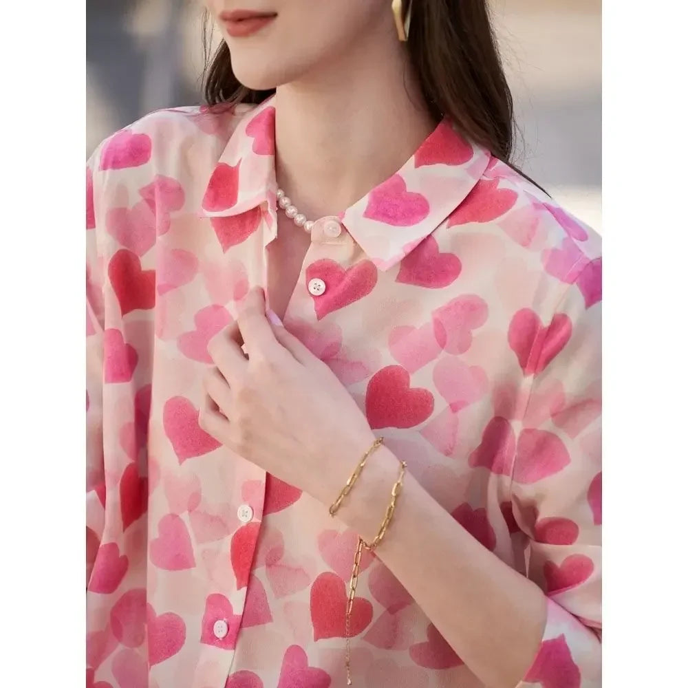 Women Stylish Love Print Turn Down Collar Button Shirts S5039565 S Women Stylish Love Print Turn Down Collar Button Shirts S5039565 S