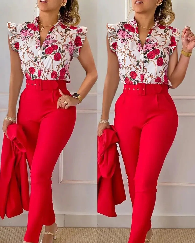 Women's New Printed Lotus Leaf Sleeveless Shirt Suit 42663 L Women's New Printed Lotus Leaf Sleeveless Shirt Suit 42663 L
