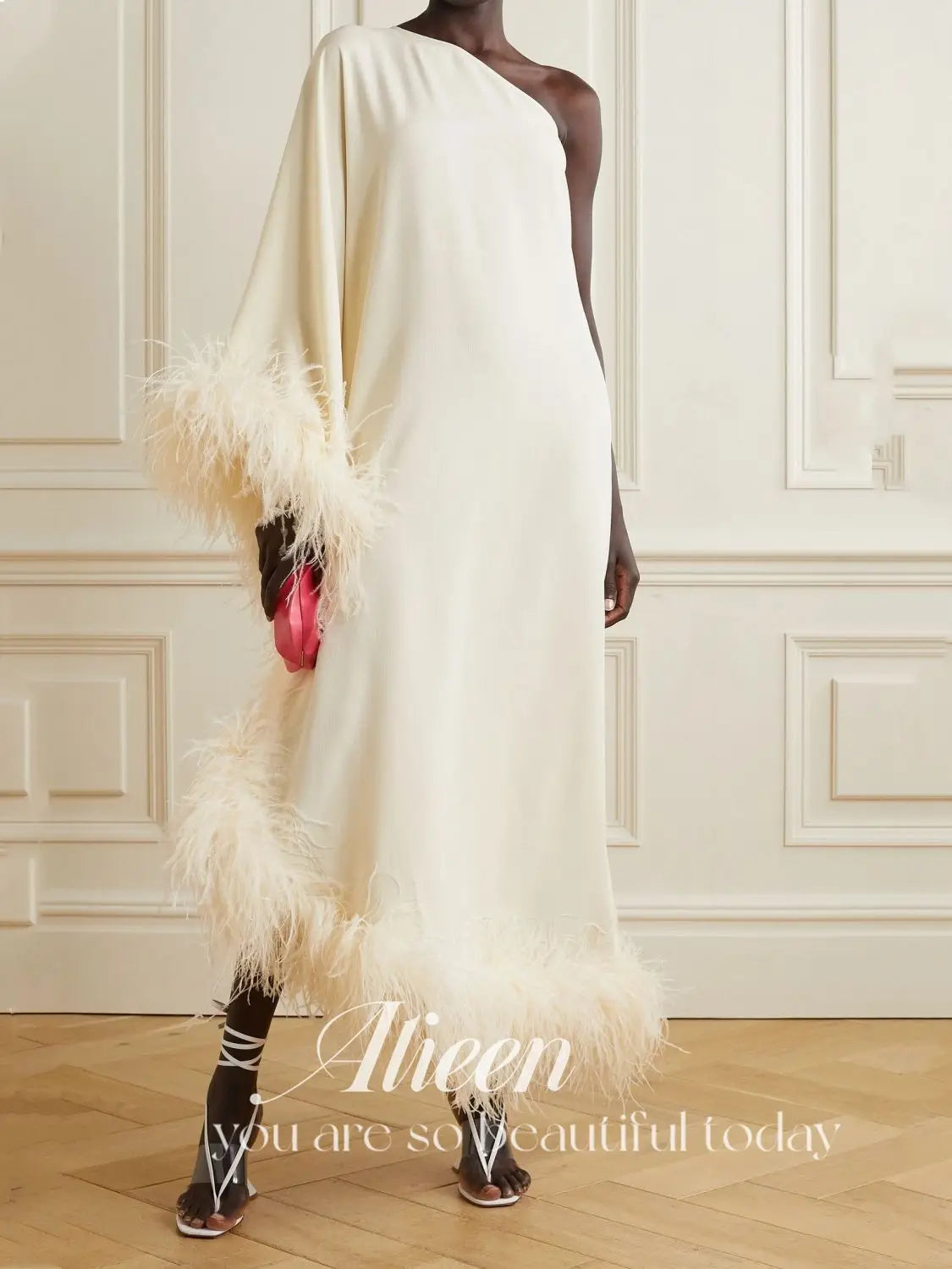 Women Thick Feathers Long Sleeves Arabic Formal Party Dress S3010217 XL Women Thick Feathers Long Sleeves Arabic Formal Party Dress S3010217 XL
