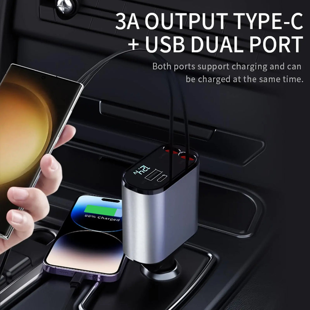 4 in 1 Retractable Fast Car Phone Charger 120W (Type-C, iOS, USB-C & USB interface) 4 in 1 Retractable Fast Car Phone Charger 120W (Type-C, iOS, USB-C & USB interface)