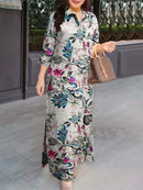 Women 3/4 Sleeve Long  Lapel Neck Cotton Shirtdress 18726 L - TUZZUT Qatar Online Shopping