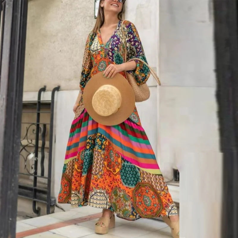 Women V Neck Puff Sleeve Swing Retro Loose Dress B-119859 L Women V Neck Puff Sleeve Swing Retro Loose Dress B-119859 L