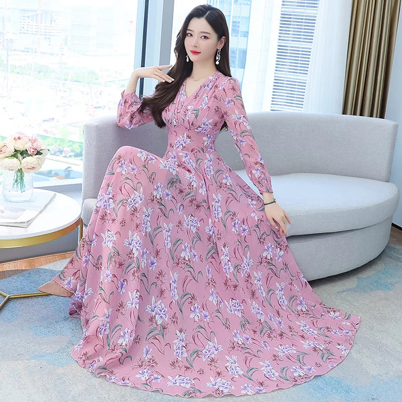 Korean Chiffon Long-Sleeved Large Swing Light Thin Breathable Lady Mid-Length Skirt L 488673