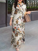 Women 3/4 Sleeve Long  Lapel Neck Cotton Shirtdress 18726 L - TUZZUT Qatar Online Shopping