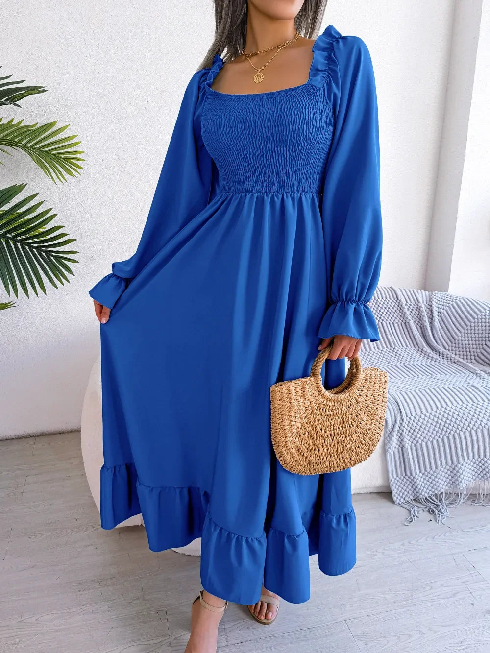 Womens Casual Square Neck Flare Sleeve Maxi Skirt Long Dress 83260 M Womens Casual Square Neck Flare Sleeve Maxi Skirt Long Dress 83260 M
