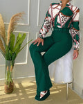 Casual Printed Stand Collar Long Sleeve Shirt Top Wide Leg Pants Two-piece Set with Belt S4384167